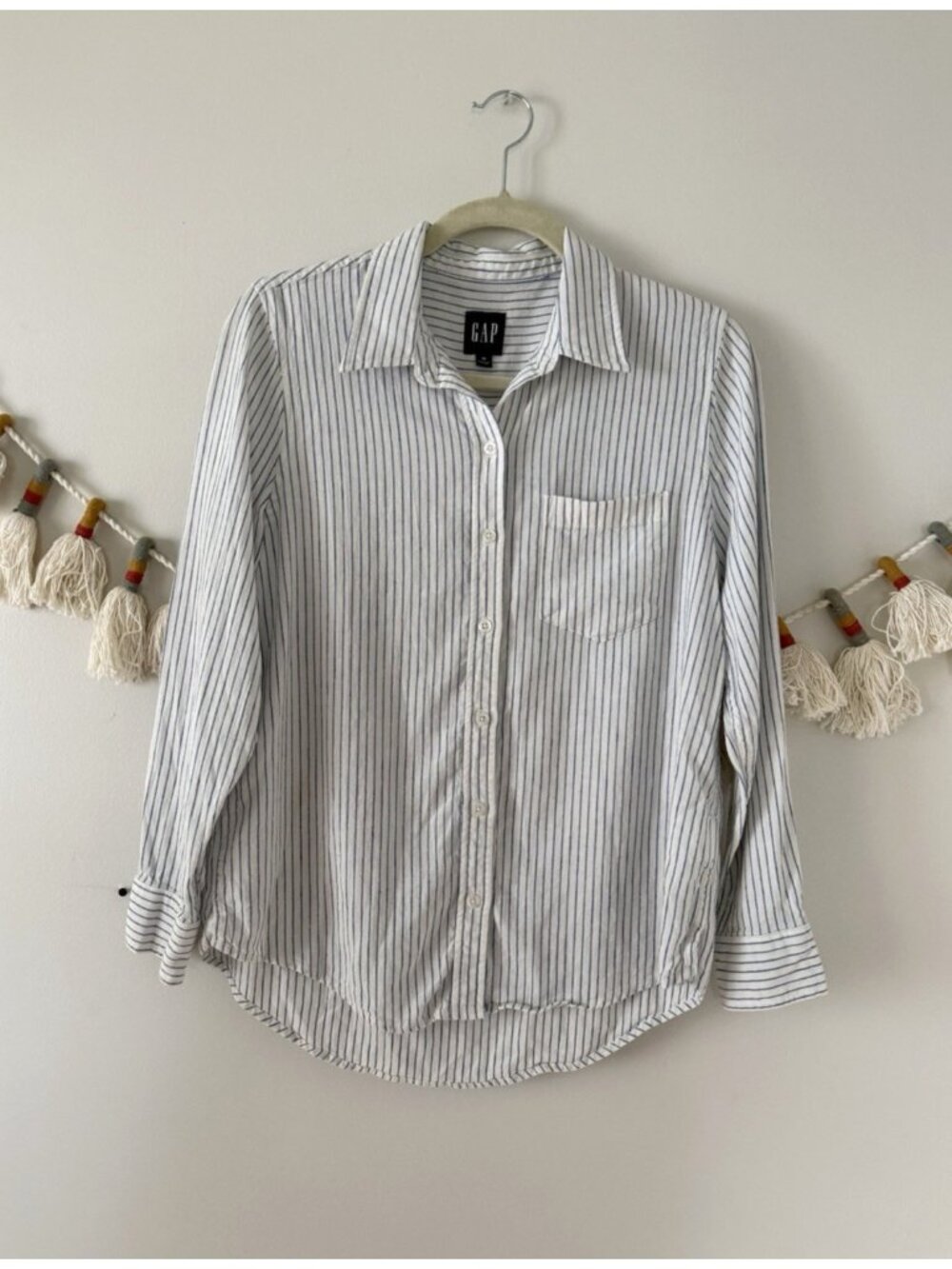 Gap Linen Blend Button Up Long Sleeve Striped Top Coastal Breathable Beach M